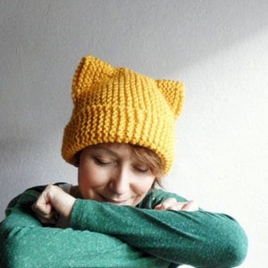 Cat Ears Hat, Knit Cat Ear Beanie, Cat Beanie, Cat Hat, Chunky Knit, Mustard Yellow,Winter Accessories