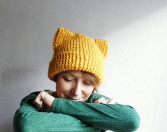 Cat Ears Hat, Knit Cat Ear Beanie, Cat Beanie, Cat Hat, Chunky Knit, Mustard Yellow,Winter Accessories