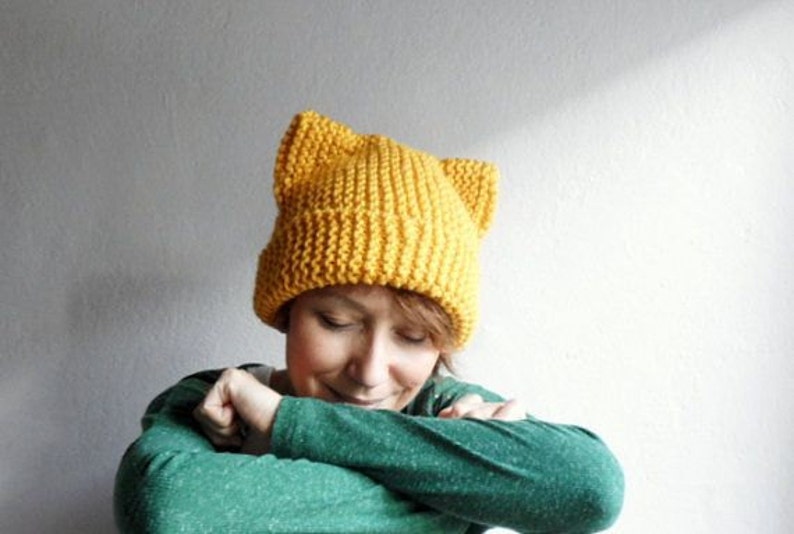 Cat Ears Hat, Knit Cat Ear Beanie, Cat Beanie, Cat Hat, Chunky Knit, Mustard Yellow,Winter Accessories image 1