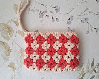 Crochet Coin Purse, Coral Red & Beige Cotton Wallet