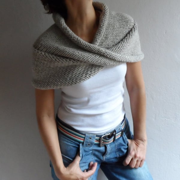 Hand Knit Chunky Loop Scarf ,Cape Hood Cowl Shawl Neckwarmer Neutral Beige, Winter Accessories