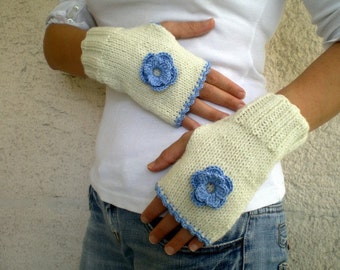 Cream Fingerless Gloves with Blue Crochet Flowers, Knit  Handwarmers