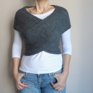 Hand knit Vest, Cross Sweater, Capelet, Neck warmer in Charcoal Dark Grey Gray, Women Sweaters