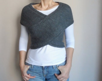 Hand knit Vest, Cross Sweater, Capelet, Neck warmer in Charcoal Dark Grey Gray, Women Sweaters