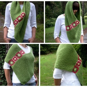 Women Poncho with Afghan Motifs in Green Hand Knitted Spring Poncho Mothers Day Gift image 5