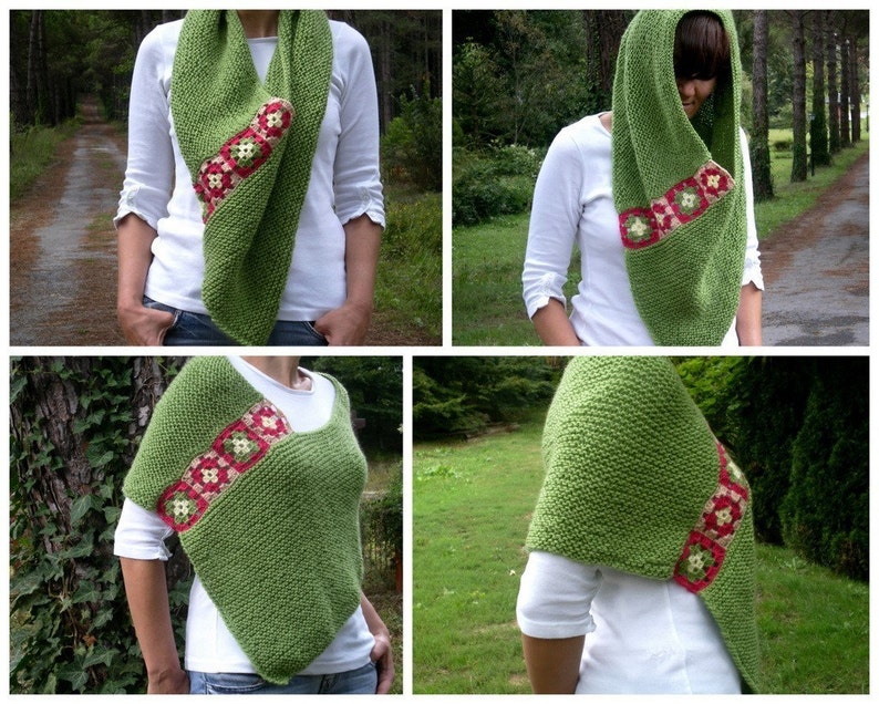 Women Poncho with Afghan Motifs in Green Hand Knitted Spring Poncho Mothers Day Gift image 5