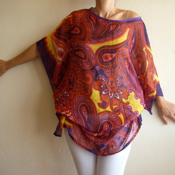 Colorful Kimono Sleeves Caftan Tunic Dress, Bohemian Paisley Top, Casual Chic