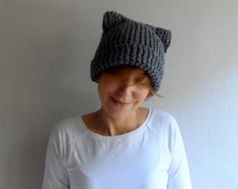 Knit Cat Ear Hat, Cat Ear Beanie, Gray Cat Beanie, Chunky Knit Cat Hat, Winter Accessories,  Holiday Fashion, Winter Hat, Gift under 25