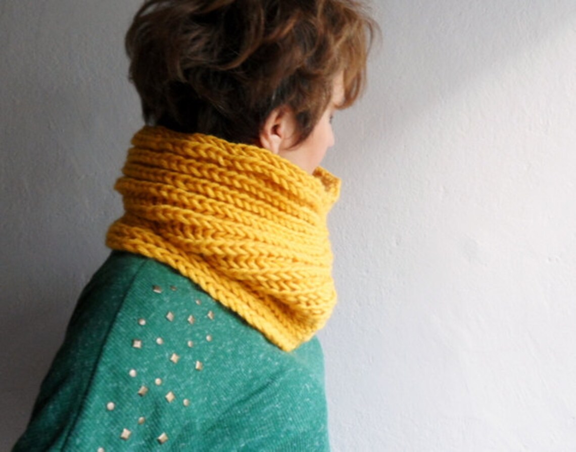 Mustard Yellow Chunky Knit Loop Scarf, Handknit Cowl Hood Style - Etsy