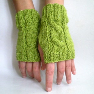 Sparkling Green Fingerless Gloves, Knit Mittens, Green Gloves image 5