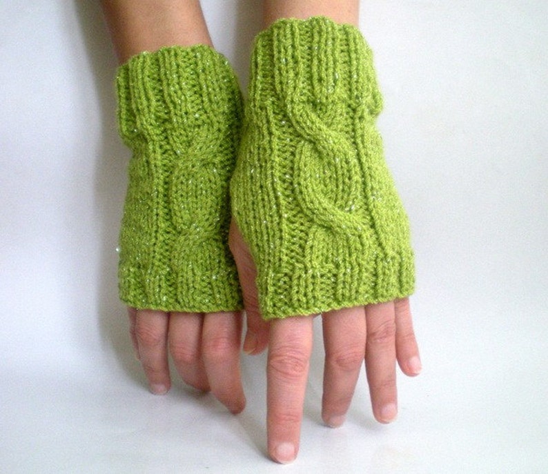 Sparkling Green Fingerless Gloves, Knit Mittens, Green Gloves image 5