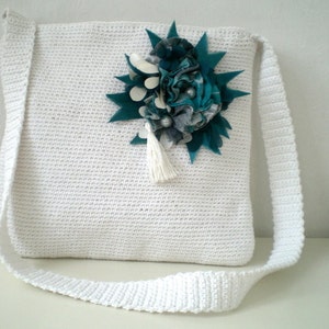 Crochet Messenger Bag with Teal Green Brooch image 1