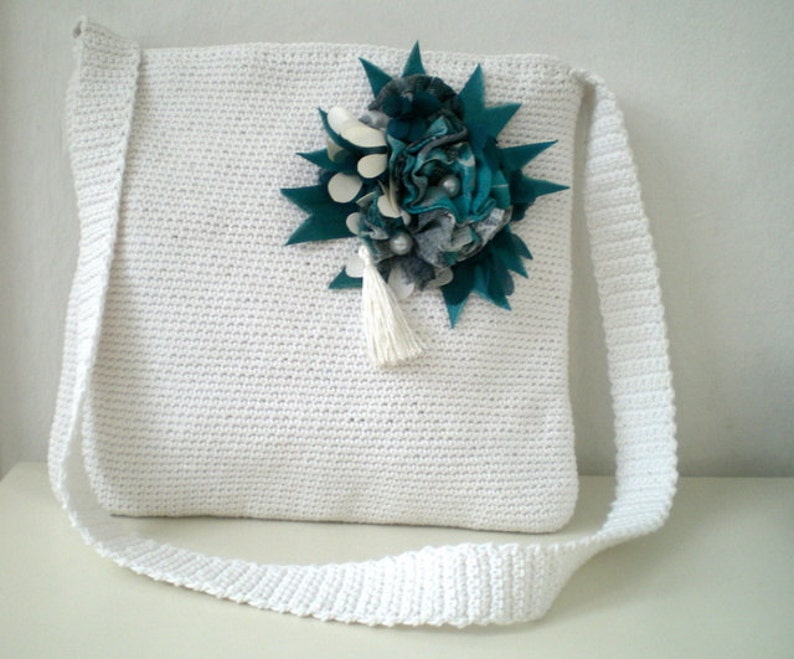 Crochet Messenger Bag with Teal Green Brooch image 1