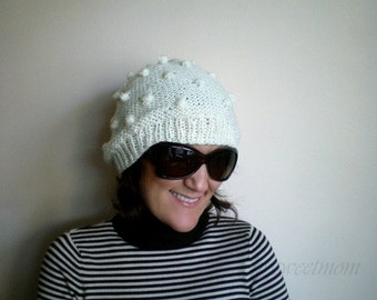 Hand Knit Ecru Beige Slouchy Beret, Women's Acrylic Hat