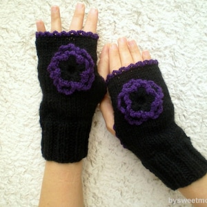 Guanti senza dita fioriti, guanti neri, guanti senza dita lavorati a maglia in nero viola