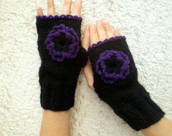 Flowered Fingerless Gloves, Black Gloves, Knit Fingerless Mittens in Black Purple