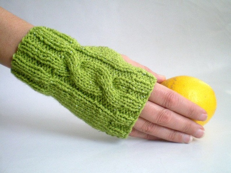 Sparkling Green Fingerless Gloves, Knit Mittens, Green Gloves image 4
