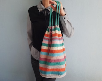 Striped Tote Purse Bag, Bucket Round Beach Market Bag, Crochet Bag, Bucket Bag, Hobo Bag, Shoulder Bag, Crochet Multicolour Bag