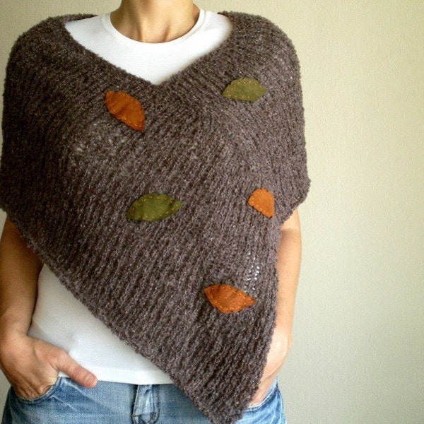 Knit Taupe Brown Poncho with Suede Autumn Leaves AOD Earthy Tones Fall Fashion