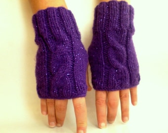 Guantes sin dedos morados, guantes de punto trenzado, mitones sin dedos