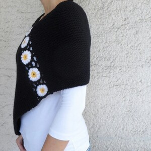 Hand Knitted Black Poncho with Daisy Flowers image 4