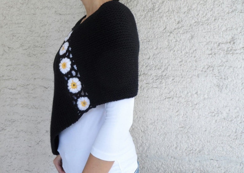Hand Knitted Black Poncho with Daisy Flowers image 4