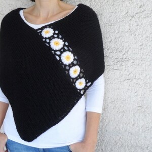 Hand Knitted Black Poncho with Daisy Flowers image 3