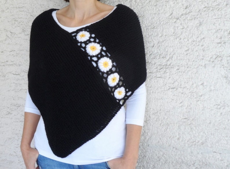 Hand Knitted Black Poncho with Daisy Flowers image 3