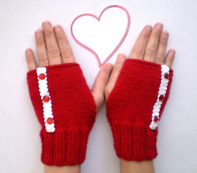 Red Fingerless Gloves Mittens image 2