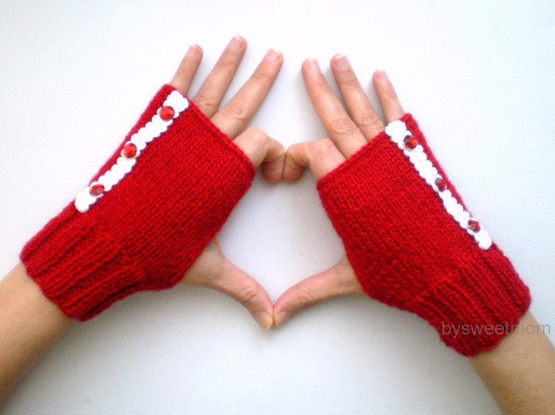 Red Fingerless Gloves Mittens image 4
