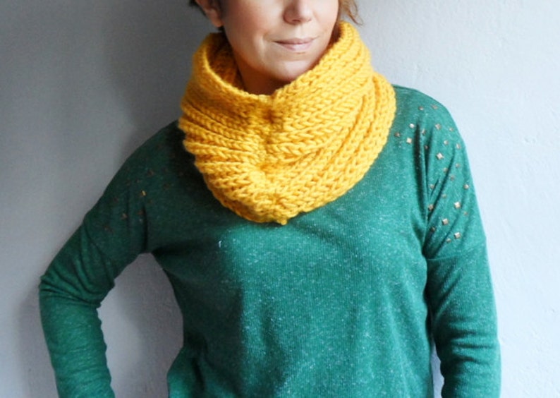 Mustard Yellow Chunky Knit Loop Scarf, Handknit Cowl Hood Style - Etsy