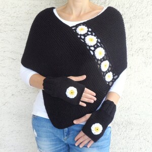 Hand Knitted Black Poncho with Daisy Flowers image 5