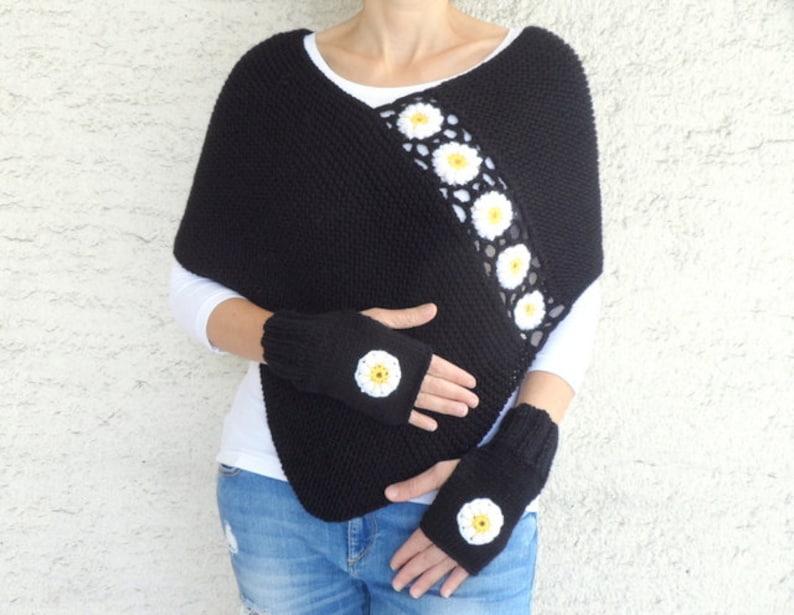 Hand Knitted Black Poncho with Daisy Flowers image 5