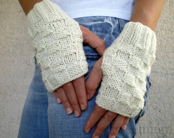 Cream Fingerless Gloves, Knit Fingerless Mittens