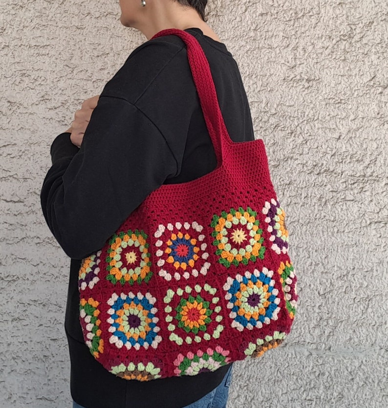 Afghan Bag, Granny Square Bag, Crochet Purse, Crochet Tote Bag, Tote Bag, Granny Square Crochet Bag, Boho Bag, Shoulder Bag, Crimson Red Bag image 1