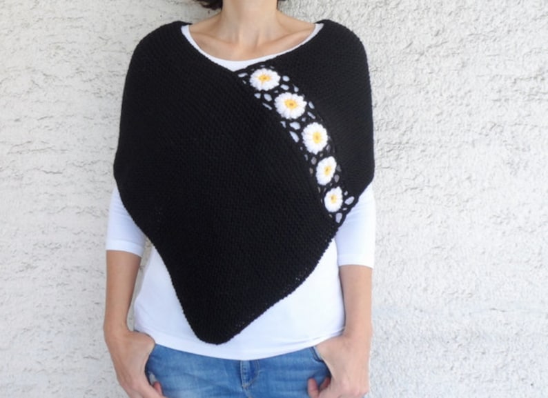 Hand Knitted Black Poncho with Daisy Flowers image 1