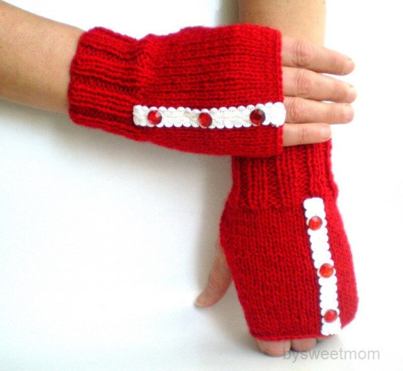 Red Fingerless Gloves Mittens image 3