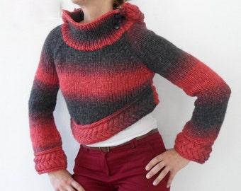 Hand Knitted Sweater with Hoodie, Women Sweater, Red Gray Blended