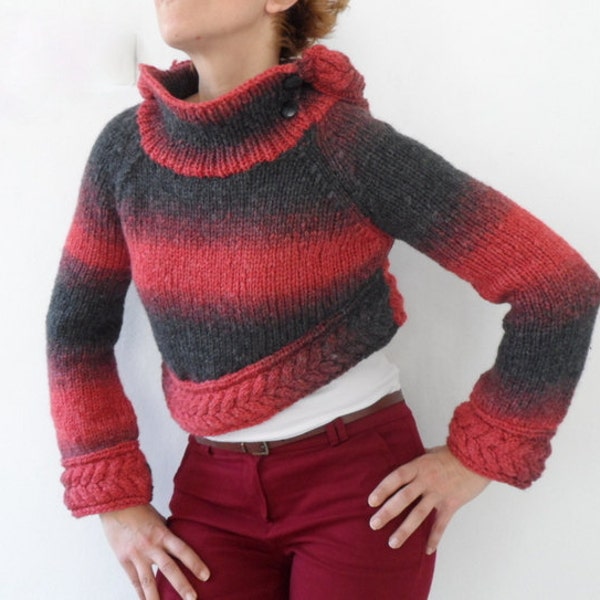 Suéter tricotado à mão com capuz, suéter feminino, vermelho cinza misturado