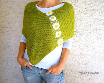 Green Poncho with Daisy Flowers, Wool Green Shawl Wrap, Holiday Fashion, Spring Poncho