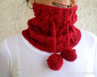 Pom Pom Hat Neckwarmer, Cable Knit Hat, Red Hat, Unisex Cowl, Gift for her, Gift for him