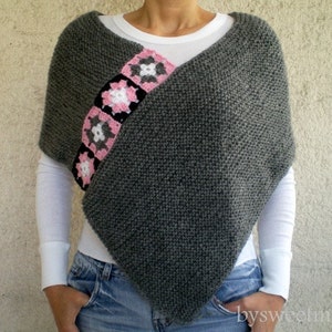 Hand Knitted Poncho, Women Scarf Cowl, Dark Gray Poncho