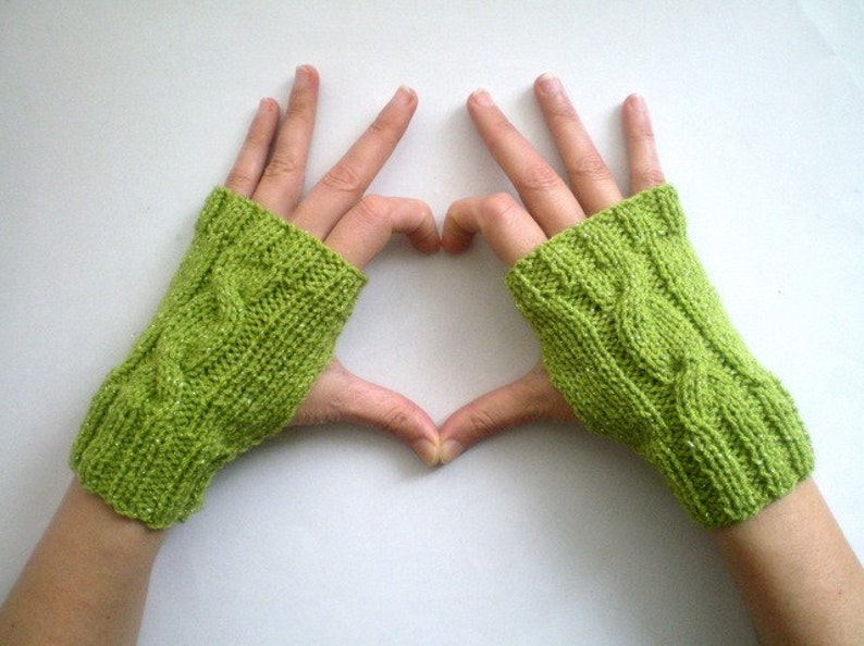Sparkling Green Fingerless Gloves, Knit Mittens, Green Gloves image 3