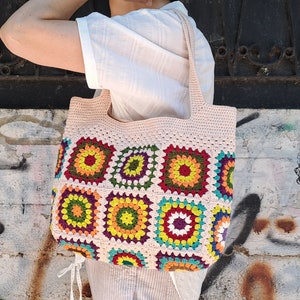 Granny Square Bag, Crochet Tote Bag, Crochet Shoulder Bag, Boho Bag, Retro Bag, Hippie Bag, Beige Crochet Bag image 5