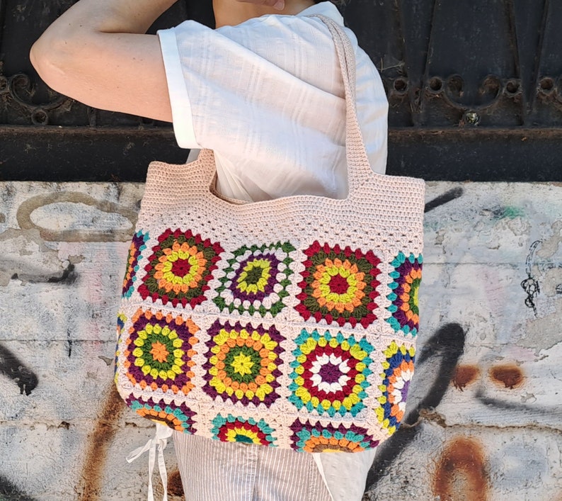 Granny Square Bag, Crochet Tote Bag, Crochet Shoulder Bag, Boho Bag, Retro Bag, Hippie Bag, Beige Crochet Bag image 5