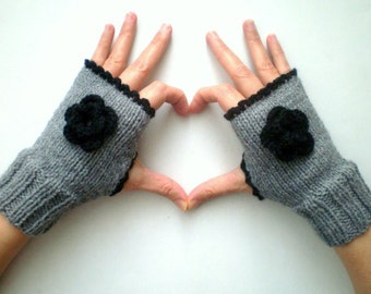 Gray Fingerless Gloves with Crochet Flowers, Winter Gloves