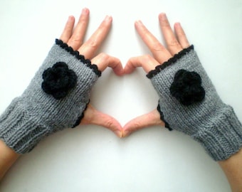 Guantes grises sin dedos con flores de ganchillo, guantes de invierno
