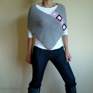 Light Gray Poncho with Afghan Motifs, Women Capelet Shawl