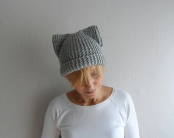 Gray Knit Cat Ear Beanie, Chunky Winter Hat