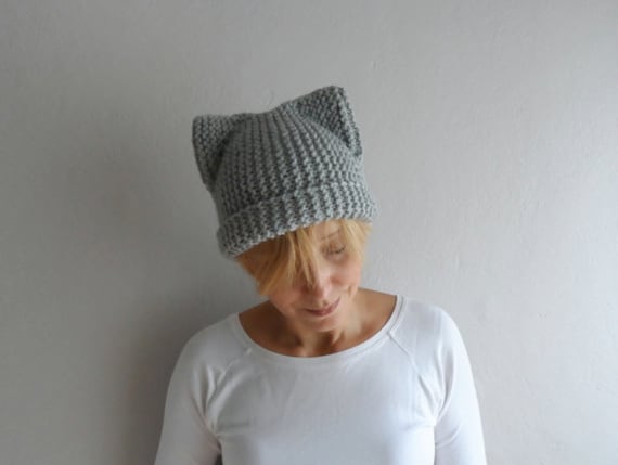 Gray Cat Hat, Knit Cat Ear Hat, Cat Ear Beanie, Light Gray Cat Beanie, Chunky Knit Cat Hat, Winter Accessories, Winter Hat,